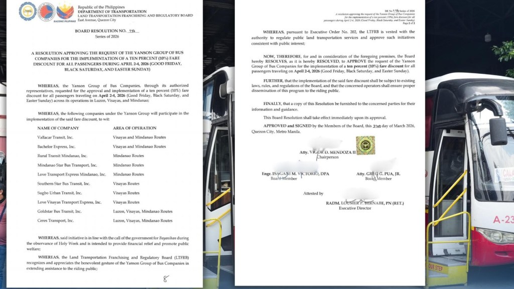 LTFRB approves 10% Holy Week fare discount for Yanson Group&nbsp;buses