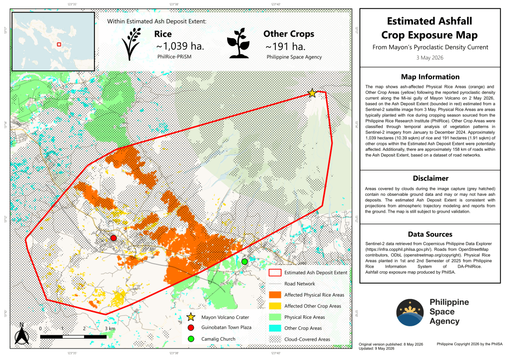 PhilSA maps ash-affected rice areas after Mayon activity; 1,230 hectares hit, roughly size of Mandaluyong&nbsp;City